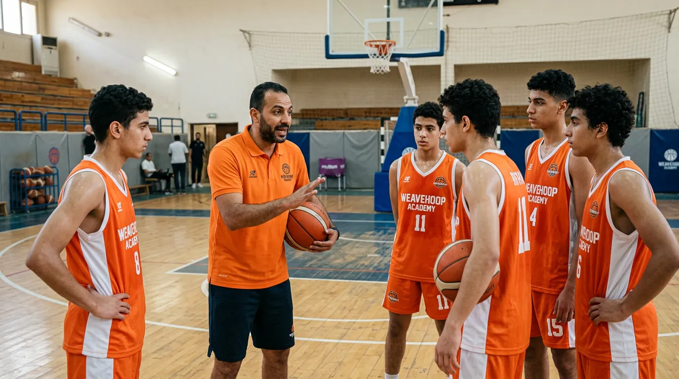 مدرب كرة سلة يشرح التقنيات للاعبين الشباب